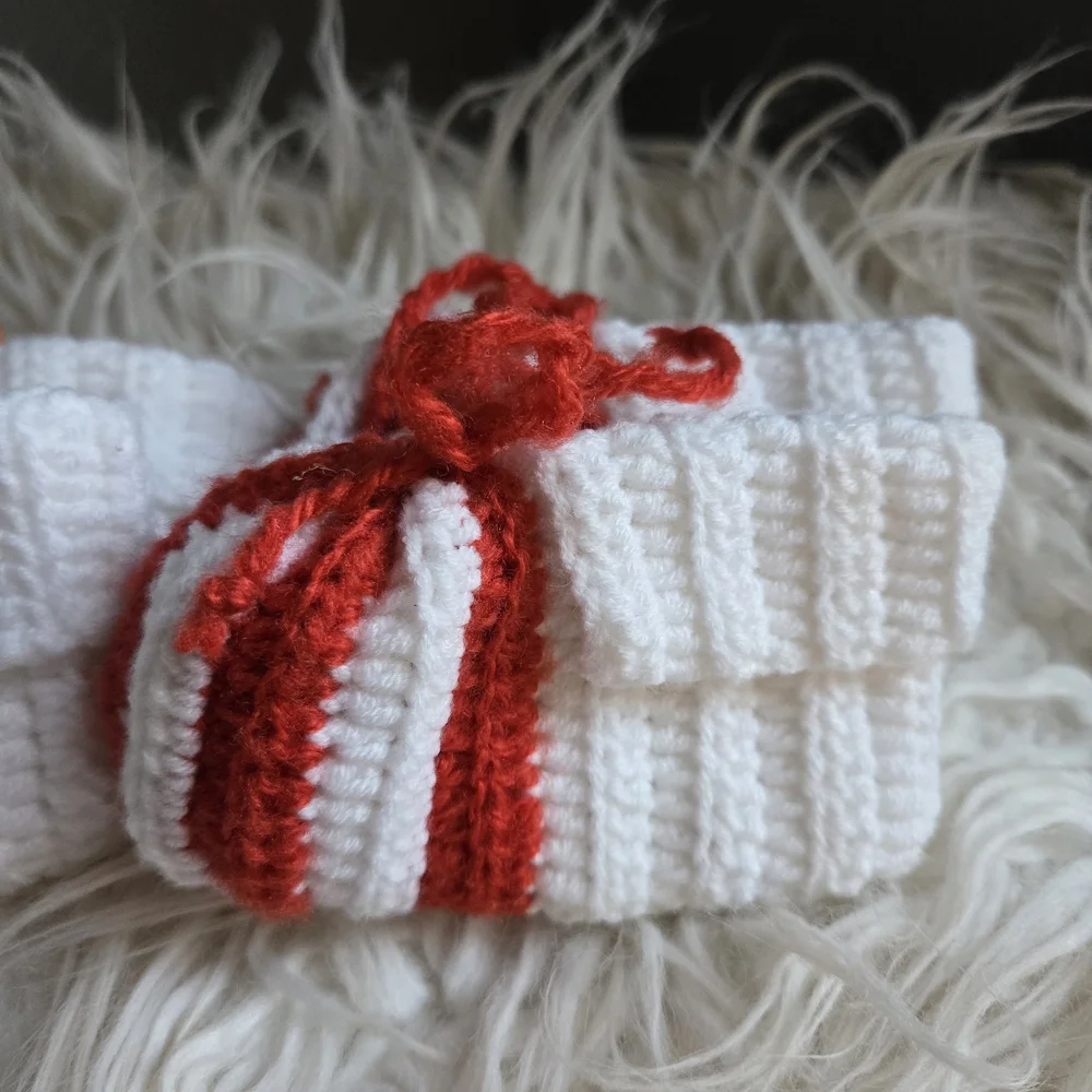 Handmade Knitted Baby Booties - White, Red, and Orange